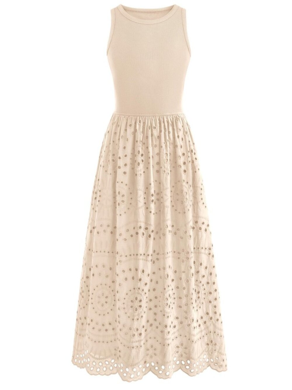 Women Sleeveless Lace Eyelet Cotton Tank Maxi Dress